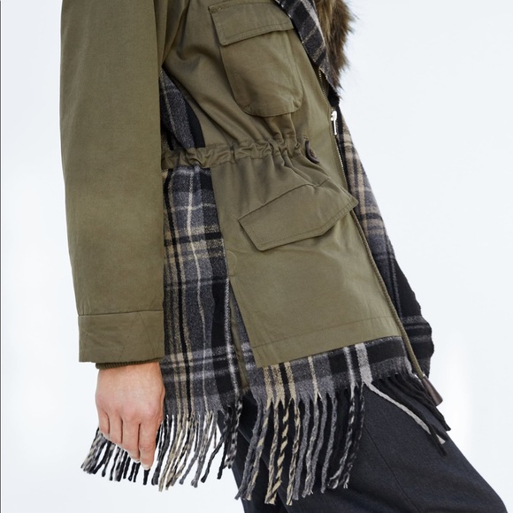 ZARA CONTRAST CHECKED FAUX FUR PARKA COAT JACKET NEW WITH TAGS SIZE XS KHAKI - Picture 12 of 13